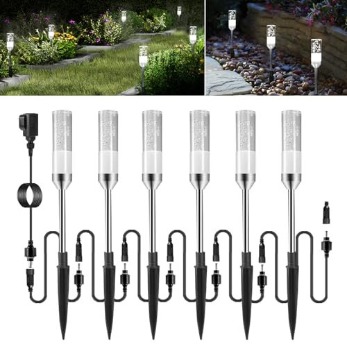 ECOWHO Outdoor Garden Spike Lights Plug-in, Extendable to 24 Lamps IP65 Waterproof LED Pathway Lighting, 12V Low Voltage Mains Garden Lawn Lights for Patio, Driveway, Yard, Cool White 6000K 6 Packs