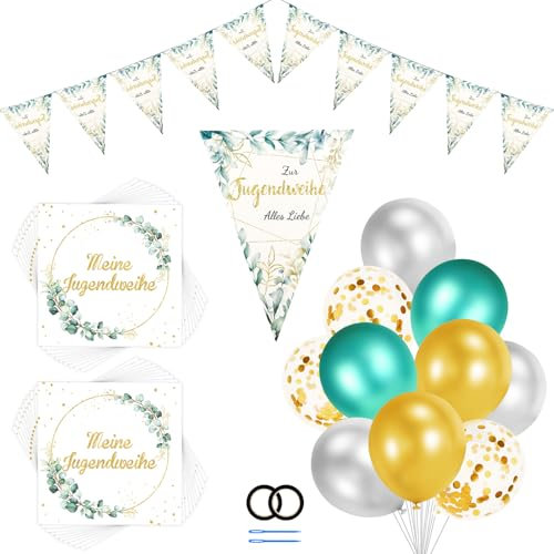Znnhnn Jugendweihe Wimpelkette, Banner, Girlande, Servietten & Luftballons - Olivgrün, Gold - Jugendweihe Dekoration für Jungen, Mädchen & Erwachsene