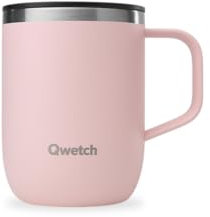 QWETCH - Mug Isotherme Inox Recyclé avec Anse -Rose Pastel 350ml - Tasse Isotherme Café & Thé - 6h Chaud & 12h Froid - Bouchon Coulissant Anti-Éclaboussures & Compatible Infuseurs