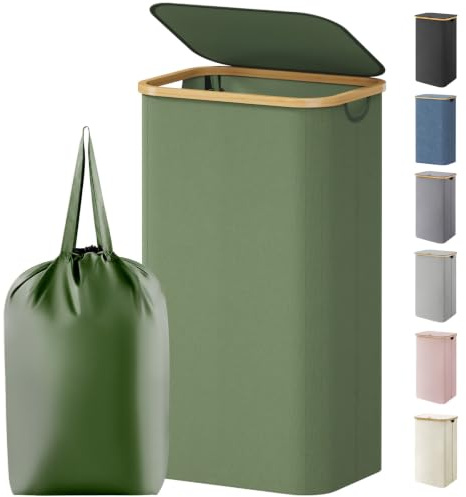 Lifewit 105L Laundry Basket with Lid, Foldable, Bamboo Handles, Green | Dirty Clothes Bin with Removable Bag, Large Washing Basket for Bedroom, Bathroom, Dorm and Laundry Room