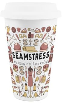 Purely Home Tasse de voyage en céramique – Cadeau amusant pour couture et artisanat – Couvercle en silicone réutilisable à double paroi isotherme