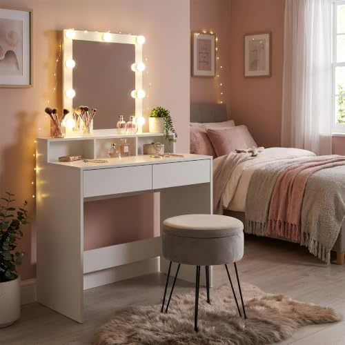 Harbour Housewares Wooden Dressing Table Set with LED Lights & Grey Stool - White - 2pc Bedroom Vanity Makeup Mirror Desk Set with Storage Drawers & Organiser Top | 80 x 40 x 145cm