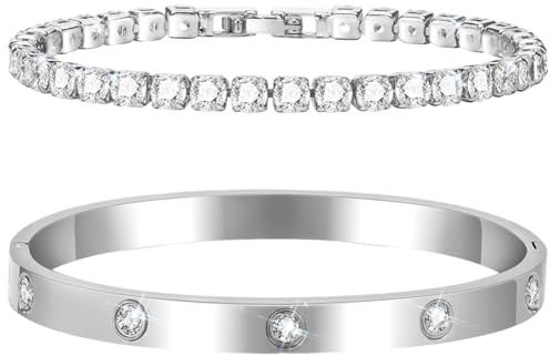 UIEXAY 2 Stück Armband Damen Silber - 17 cm Kristallen Tennis Armband 6mm Breit Cubic Zirkonia Armreif für Frauen, Wasserfester Tennisarmband mit Edelstahl Armbänder Set Geschenke für Damen