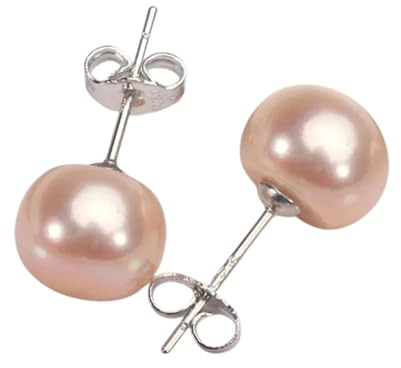 ORECCHINI DONNA A BOTTONE 9-10 MM PERLE ACQUA DOLCE COLORE ROSA E ARGENTO 925