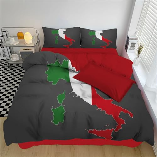 DLERFLOVR Bettwäsche 135x200cm Bettwäsche-Sets Italienische Flagge Bettbezug 3teilig mit Kissenbezüge, Wendebettwäsche Italien Karte Bedding Sets mit Reißverschluss, Dunkelgrau