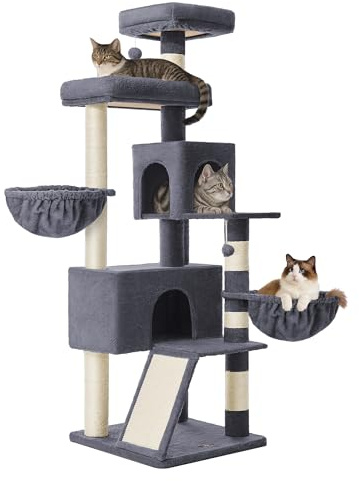 Feandrea Kratzbaum groß, 173 cm hoher Katzenbaum, Doppelhöhle | Katzenbaum, 2 Korb, Mit großer Plattform, dunkelgrau, CLAWFY Kollektion PCT006G02