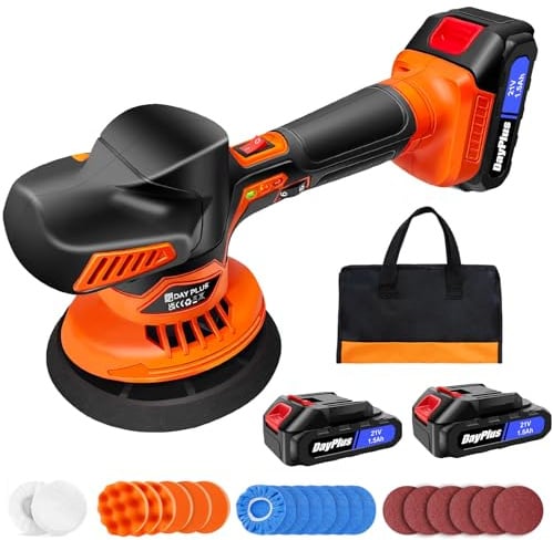 Poliermaschine Auto Akku, 6 Variable Geschwindigkeit Auto Politur Set 2800-5500RPM, 24 PCS Aufsätze, 2 x 21V 1.5Ah Akku Poliermaschine für Auto Autopflege Polieren Wachsen Kratzerentfernung