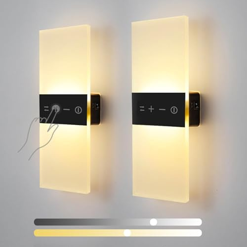 VOMI Akku Wandlampe Innen Touch Steuerung Dimmbar 2er Set für Schlafzimmer | 4000mAh USB Aufladbar Acryl Lampenschirm Magnetische Wandlampe Einstellbare 3 Farbtemperatur und Helligkeit für Wohnzimmer