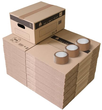Pack and Move - 50 Stück Umzugskartons zur Aufbewahrung S – 36 x 28 x 18 cm – verstärkte Griffe – 3 Aufkleber gratis