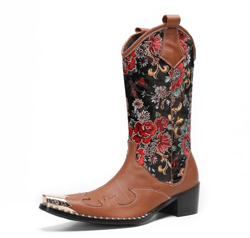 Yhsdfcn Stivali Texani da Uomo in Vera Pelle Marrone a Punta, Stivali da Cowboy Stile Cavallerizzo Vintage, Stivaletti Western,Marrone,40 EU