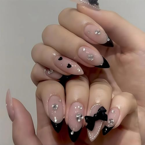 24Pcs Almond False Nails Black Edge with 3D Bow Heart Design, Press on Nails Full Cover Acrylic Black Nails for Women and Girls