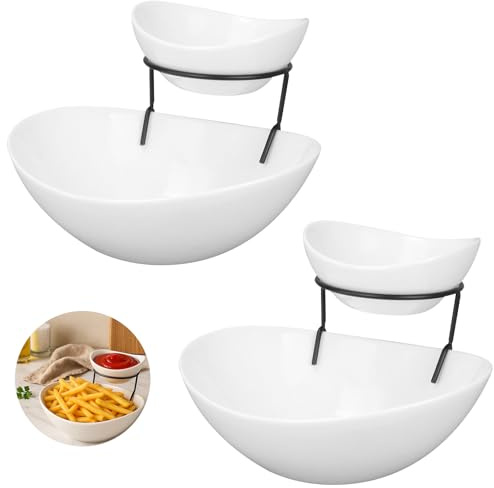 2 Pack Ceramic Chip and Dip Bowl Set with Stand, 2 Tier Serving Dishes