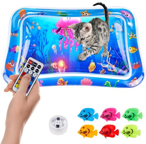 Wassermatte Katze LED Wasserspielmatte Katzen Wasser Spielmatte, Verdickte Wassersensorik Spielmatte für Katzen, Interaktives Katzenspielzeug Katzen Spielmatte für Innen und Außenbereich im Sommer