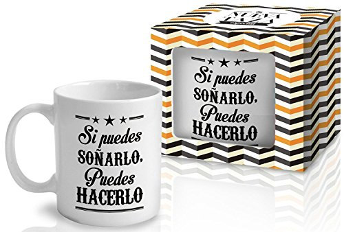 Taza Cerámica para Desayuno en Color Blanco de 300 ml, Un Regalo Original con Frases Motivadoras - Si puedes soñarlo, puedes hacerlo