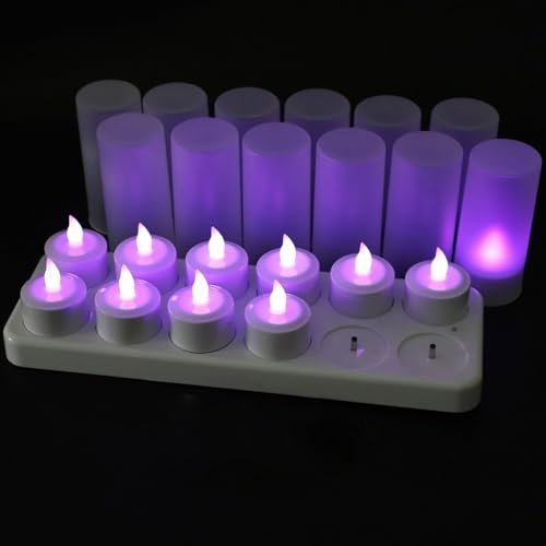 EuroFone Wiederaufladbare Teelichter, Flackernde Led Teelichter,flackernde, flammenlose(Kerzen12er-Set,lilakeine Fernsteuerung)