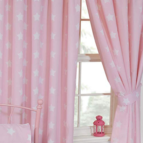 Price Right Home Pink and White Stars Lined Curtains 66x72in (CUR060-72) | 2 Curtains per Pack, Fully Lined, Pencil Pleat, Tie Backs, 48% Cotton 52% Polyester, Machine Washable, Nordic