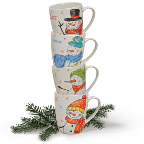 Tassen 4er Set Xmas bunt - Schneemann Porzellan Kaffeebecher in weiß als Weihnachtstassen in 11 cm - Klassische Kaffeetassen für Weihnachten spülmaschinenfest und mikrowellengeeignet