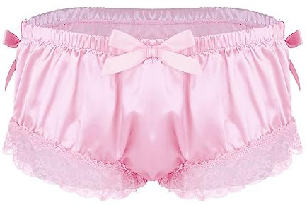 Alvivi String Homme Satin Dentelle Sissy Slip Ouvert Érotique sous-vêtements à Volant Culotte G-String Thong Briefs Lingerie Underpants M-XXL Rose XL