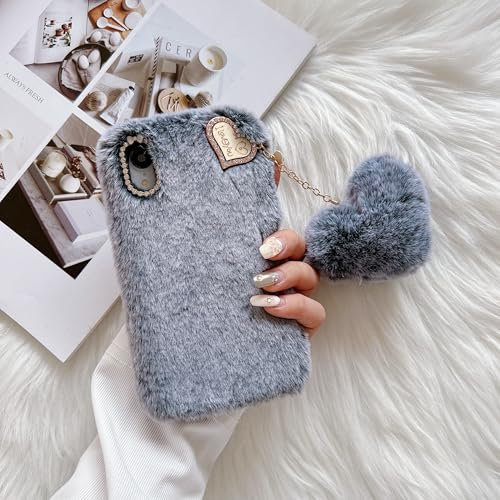 ZTUOK Compatible with iPhone XR for Girls,Luxury Diamond Winter Warm Handmade Soft Fur Fluffy Plush Furry Shockproof Protective Phone Case Cover for iPhone XR-Dark Gray