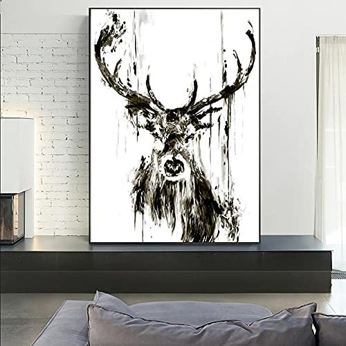 Peintures sur toile de cerf noir et blanc abstrait moderne, affiches et impressions d'animaux, photos d'art mural pour la décoration de salon 80X120cm (31x47in) sans cadre
