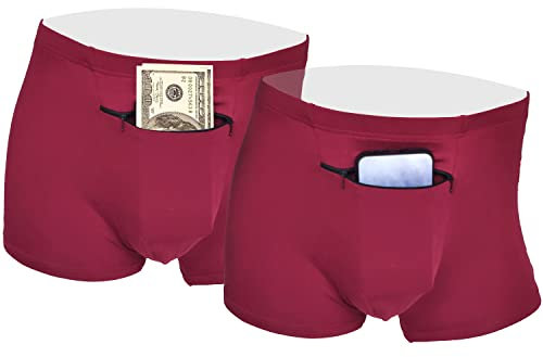 HideRacoon 2 Packungen Herren Boxershorts Geheime versteckte Tasche, Taschendiebstahlsicher Reise Geheimtasche Unterwäsche, Pocket Panties. (Burgundy), Burgunder, Large