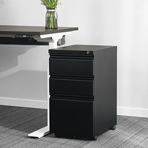 DeHong Rollcontainer Metall, Mobiler Aktenschrank Büroschrank mit 3 Schubladen Bürocontainer, abschließbares und verstellbares Hängeregister, vormontiert, Büro, Home Office (Quadrat, schwarz)