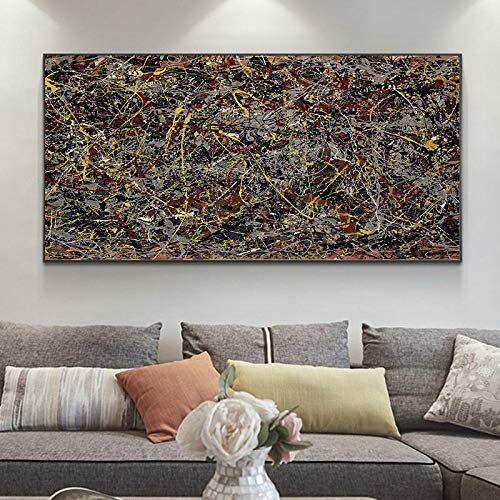 Jackson Pollock Berühmte abstrakte gerahmte Kunst Gemälde Herbst Leinwand Gemälde übergroße Drucke Bilder für Raumdekoration 70 x 140 cm (27,56 x 55,12 Zoll) mit Rahmen