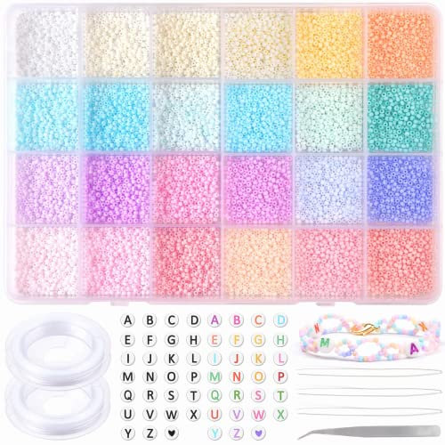 10008 Stück 2mm Perlen zum Auffädeln 12/0 Rocailles Perlen für Armbänder Pastell Glasperlen Bastelperlen und Buchstabenperlen, Perlen Set für Armbänder Halskette Ring DIY Bracelet Making