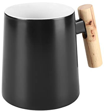 Qchomee Tasse en Céramique Ronde de 500 ml avec Poignée en Bois, Noire, Réutilisable, Pour Maison et Occasions Spéciales
