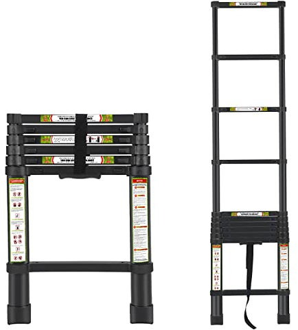 RIKADE Teleskopleiter und Dachbodenleiter, Robustes Aluminium mit rutschfesten Füßen, 150 kg Tragkraft, für Wohnmobil, Dachboden, Dach und Verschiedene Oberflächen