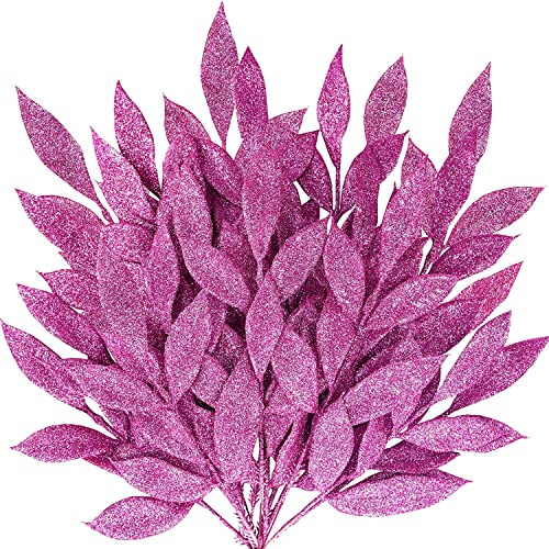 VEYLIN 12 Pcs Artificial Christmas Leaves, Pink Glitter Leaves Picks for Xmas Tree Wreath Festival Decoration