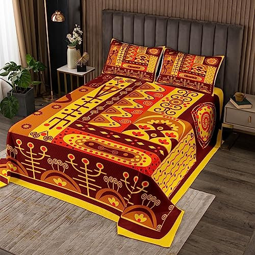Manfei Afrikanische ägyptische Frauen Tagesdecke Set S Größe,Boho Afrika Tribal Coverlet Set Kinder Mädchen Erwachsener Raum Dekor Braun Gold Muster Tröster Set Vintage exotische Quilt Set