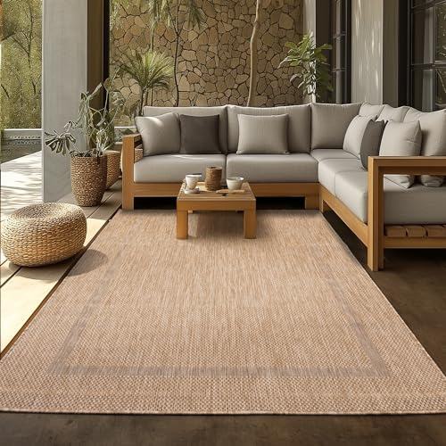 SIMPEX Outdoor Teppich Wetterfest 140x200 cm Beige Bordüre Design Flachgewebe Waschbar für Wohnzimmer Esszimmer Balkon Terrasse