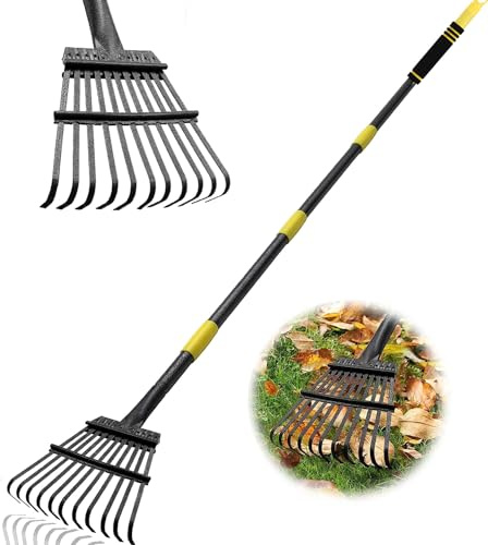Rechen für Blätter, robuster Garten-Laubbesen für Rasen, 152,4 cm lang, 21,6 cm breit, verstellbar, 11 Zinken, Stabiler Metall-Hofrechen mit rutschfestem Komfortgriff