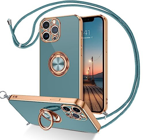 DUEDUE Coque pour iPhone 12 Pro Max avec Cordon et Anneau Rotatif, Protection Caméra pour iPhone 12 Pro Max Souple Fine Doublure Microfibre, Bague avec Corde Bandoulière Lanière Réglable, Gris Vert