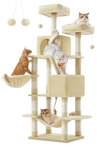 Feandrea Arbre à Chat, Hauteur 168 cm, avec 13 Griffoirs, 2 Plate-Forme, 2 Niches, Panier, Hamac, Pompon, Tissu Peluche, Multi-Niveaux pour Chat d'Intérieur, Beige PCT165M01