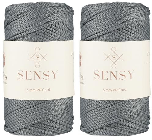 Sensy Premium 3 mm 120 Meter Polyester-Seil, 100% Polypropylen-Kordel, Makramee-Kordel, 3 mm Häkeltaschen-Kordel, Makramee-Seil, Häkelgarn, Geschenk für Stricker (Grau)