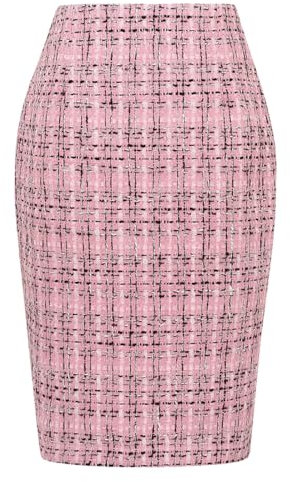 Mywinway Jupes à carreaux pour femmes 2023 automne hiver longueur genou jupe crayon en laine, Tweed rose, Taille XL
