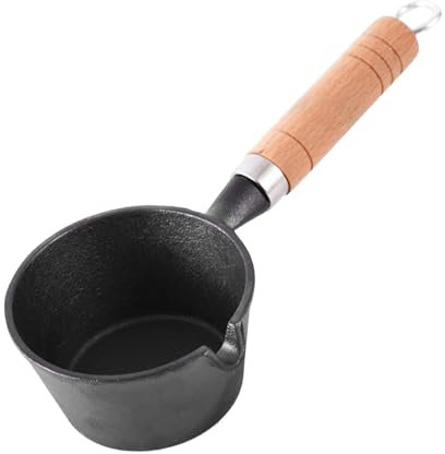 Nonstick Sturdy Cast Iron Frying Pan with Wooden Handle, Dripless Spout, Mini Butter Warmer for Cooking Baking, Great Convenience, Wide Application