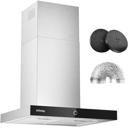 Umluft Dunstabzugshaube, IsEasy Dunstabzugshaube 60cm mit 590m³/h starke Saugleistung, 4 Einstellstufen, Abluftmodus, 1–9min Verzögerungs-Ausschaltfunktion, 67 dB, Silber Abzugshaube, Effizienz A++