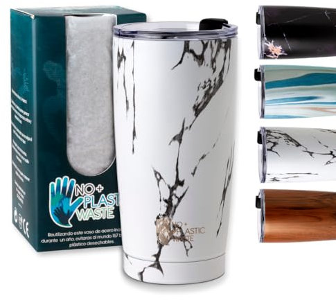 No + Plastic Waste Vaso Termico Grande 600ml- mantiene frío y calor. Triple capa. Vaso Termico Cafe - Taza Termica acero inoxidable + Llavero Pajita acero Retractil (Blanco KILIMANJARO)