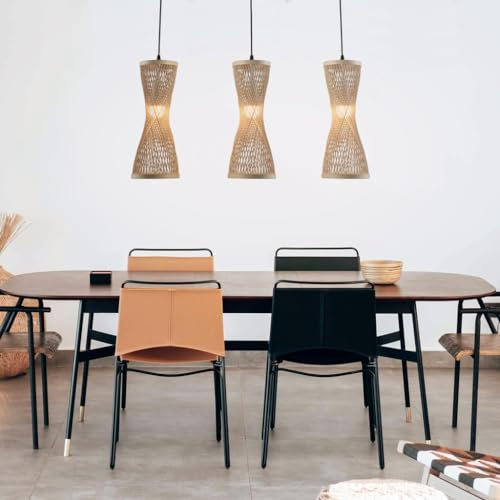 Suspension bambou Lustre 3 Lumières tables de salle à manger lustre naturel fait à la main en rotin lustre Vintage E27 hauteur réglable PendentifRestaurant Maison de campagne Abat - jour éclairage