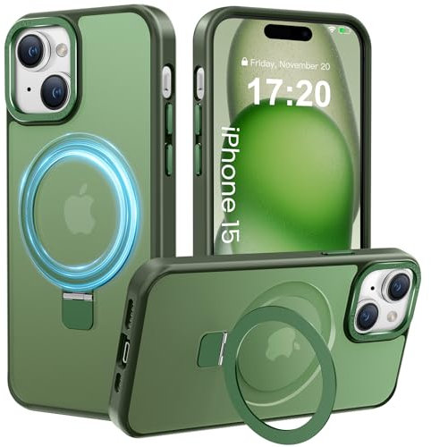 PuyaTeya Magnetic Stand for iPhone 15 Case, Compatible with Mag-Safe, Military Drop Protection, Anti-scratch/fingerprint Translucent Matte iPhone 15 Phone Case(Green)