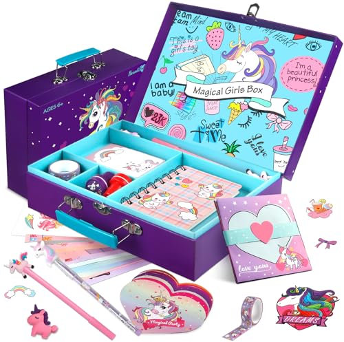 Unicorn Journal Stationary Set,Unicorns Gifts For Girls Ages 6 7 8 9 10 11 12 Year Old,49 Pieces Stationary Letter Writing Crafting Kit with Storage Case,Girl Gift for Birthday Christmas (UK- Purple)