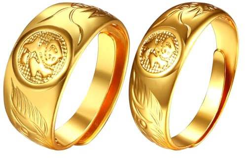 JewelryWe Paar Ringe Gold Trauringe: Chunky Vergoldet Glück Offen Verstellbar Partnerringe Verlobungsringe Eheringe Versprechen Hochzeit Band Goldring Set für Damen Herren