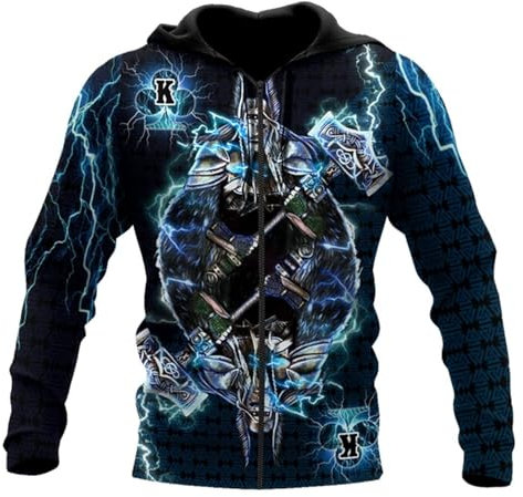 Viking Tattoo Hoodie Norse Mythology Thor's Hammer 3D Print Fashion Pullover Sweatshirt Autumn Casual Jacket Sweater Viking Apparel Gifts for Men(Thor Hammer Zipper,XL)