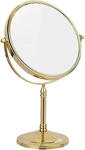 CAFIEDR Stehende Schminkspiegel, 8 Zoll doppelseitiger Kosmetikspiegel aus Messing mit Vergrößerung, drehbarer Tischspiegel zum Rasieren(Gold 10X)