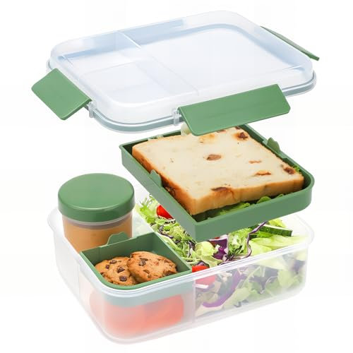 Bugucat Lunchbox Erwachsene 1600ML, Auslaufsichere Brotdose Bento Box Erwachsene mit Fächern, Lunchbox Kinder Salatbox to Go mit Soßenbox, Snackbox Frühstücksbox für Schule Picknick Büro, Grün