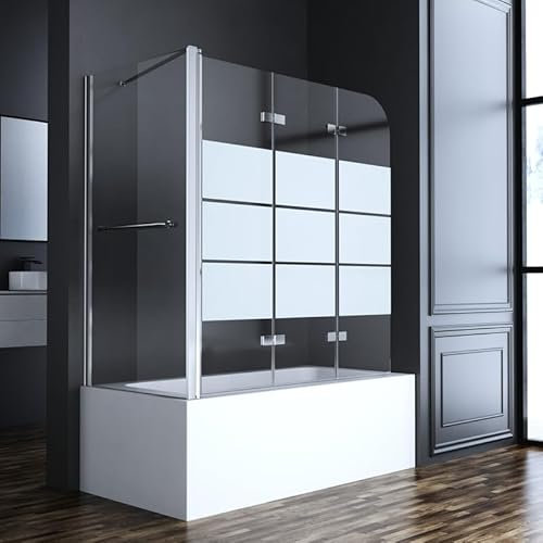 Duschwand für Badewanne mit Seitenwand 70x120x140cm 3-teilig faltbar, Gestreift Glas Badewannenaufsatz Duschabtrennung Duschtrennwand mit 6mm ESG Sicherheitsglas, Seitenwand mit Handtuchhalter