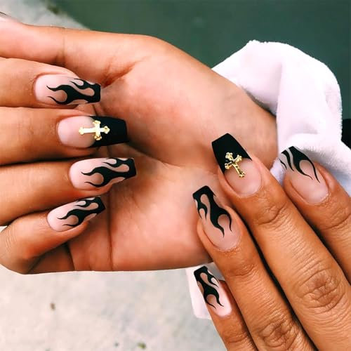 24PCS Black Press on Gothic False Nails - French Tip, Long Coffin, Flame Design - Stick on, Full Cover Nail Tips